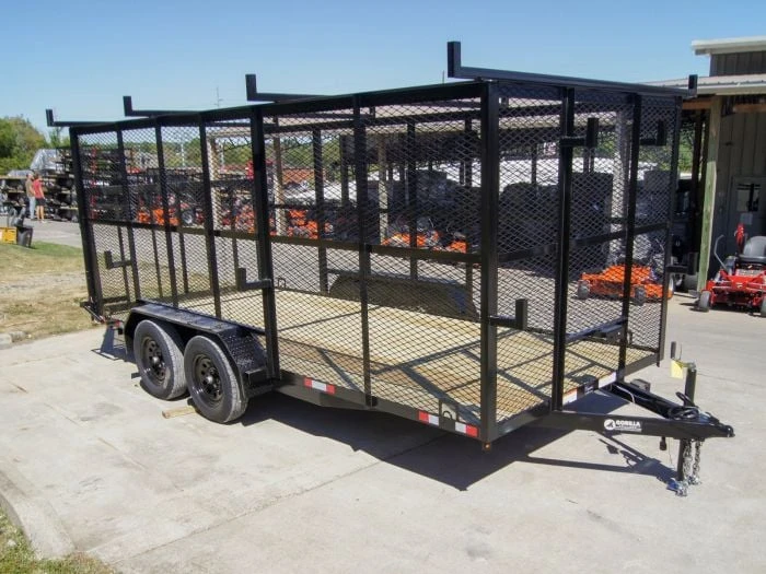 7x16 Tandem Straight Deck Utility Trailer With 6ft Mesh Sides And Ladder Racks 1 7x16 Tandem Straight Deck Utility Trailer With 6ft Mesh Sides And Ladder Racks