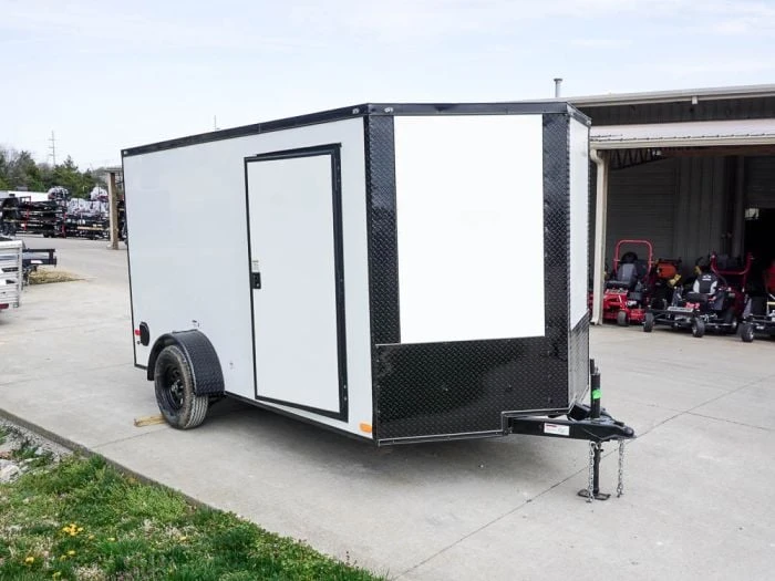 7x12 Enclosed Trailer White V-Nose Blackout Package 3,500lb Axle Storage 1 7x12 Enclosed Trailer White V-Nose Blackout Package 3,500lb Axle Storage